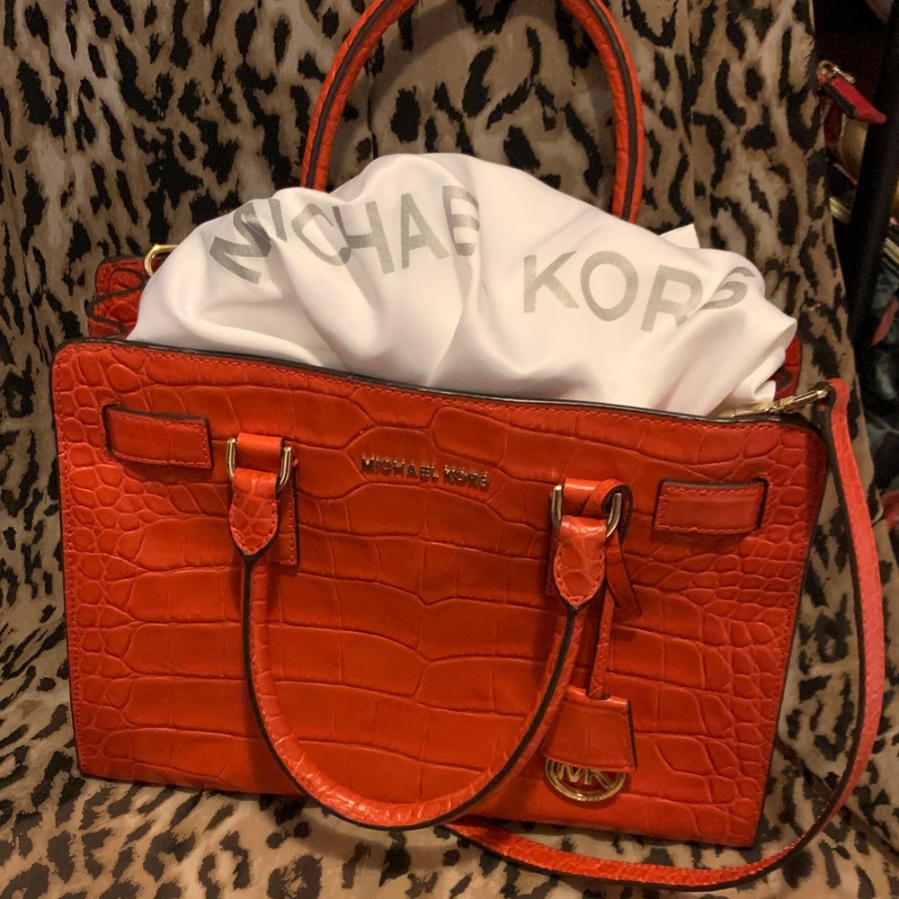 Michael Kors Croc-Embossed Satchel in Bright Orange